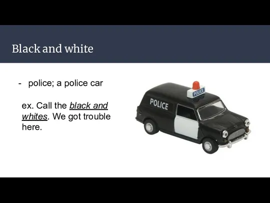 Black and white police; a police car ex. Call the