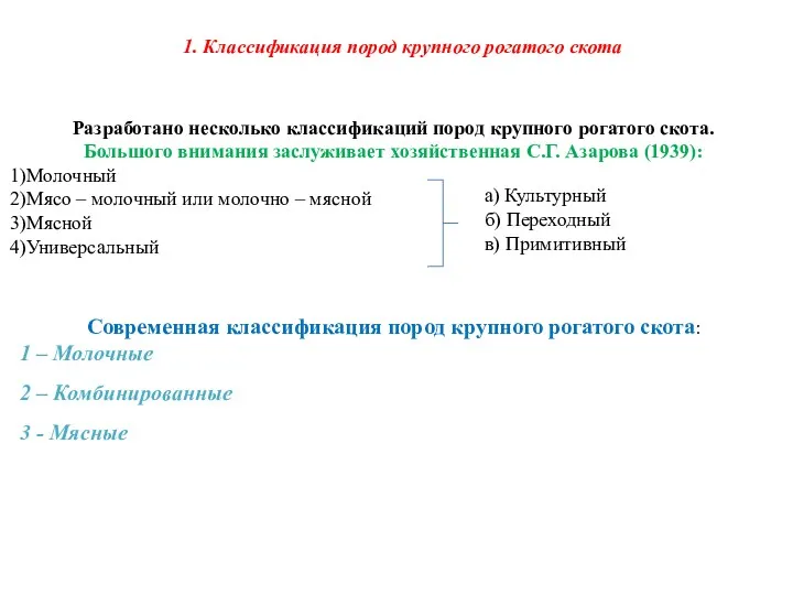 1. Классификация пород крупного рогатого скота Разработано несколько классификаций пород