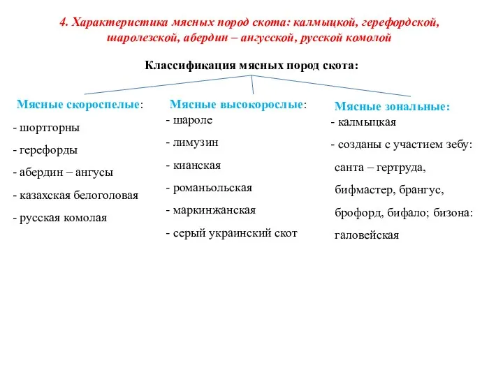 4. Характеристика мясных пород скота: калмыцкой, герефордской, шаролезской, абердин –