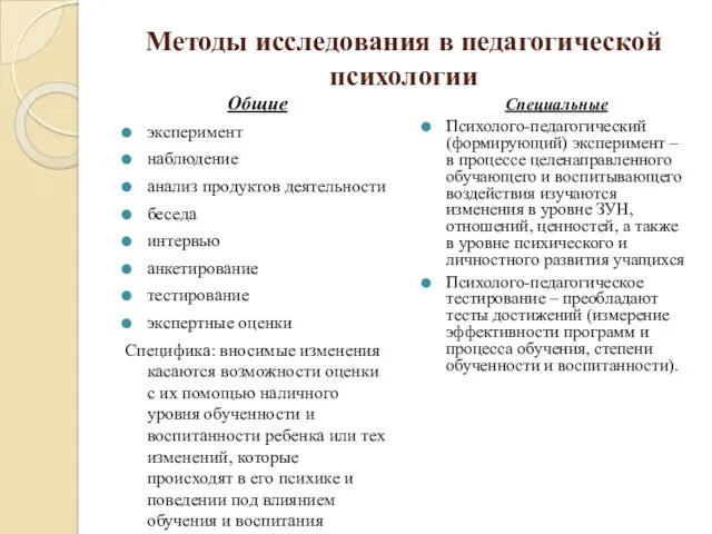 Методы исследования в педагогической психологии Общие эксперимент наблюдение анализ продуктов