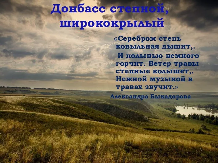 «Серебром степь ковыльная дышит,. И полынью немного горчит. Ветер травы