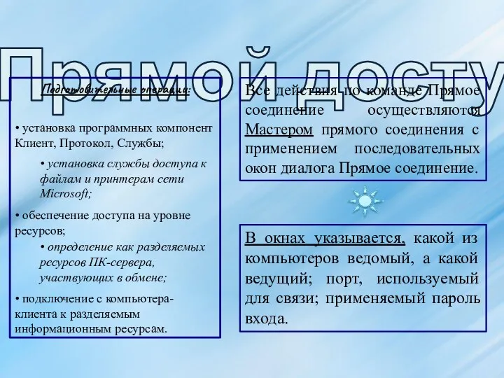 Прямой доступ: Подготовительные операции: Все действия по команде Прямое соединение