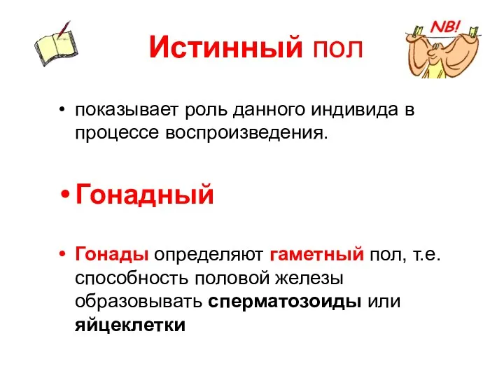 Истинный пол показывает роль данного индивида в процессе воспроизведения. Гонадный