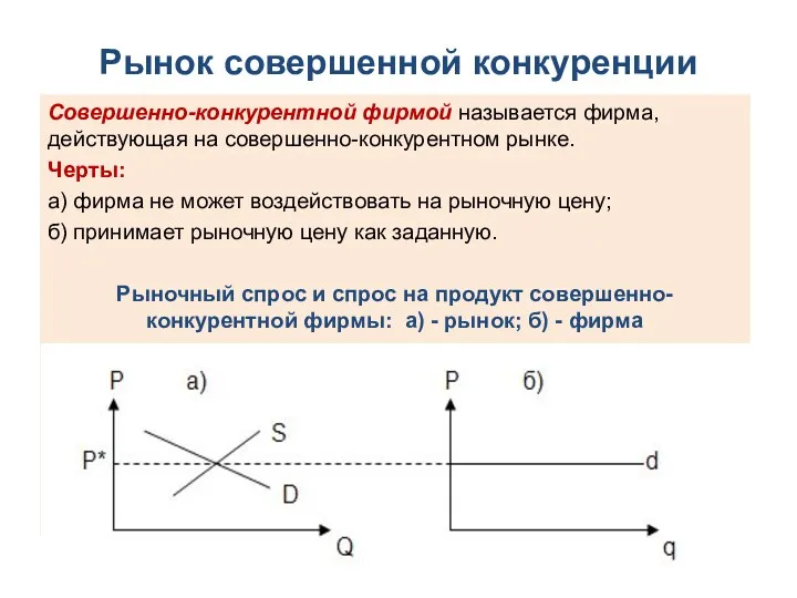 Рынок совершенной конкуренции Совершенно-конкурентной фирмой называется фирма, действующая на совершенно-конкурентном