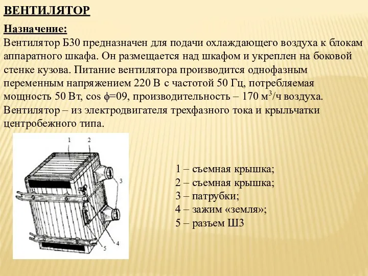 ВЕНТИЛЯТОР Назначение: Вентилятор Б30 предназначен для подачи охлаждающего воздуха к