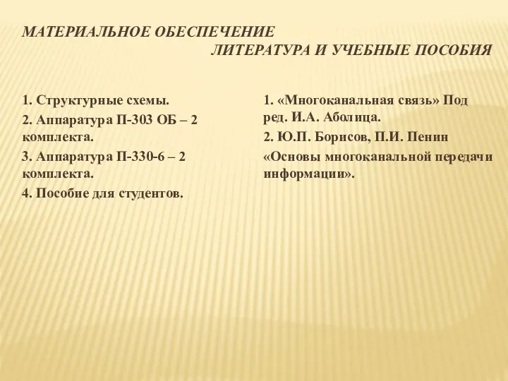 МАТЕРИАЛЬНОЕ ОБЕСПЕЧЕНИЕ ЛИТЕРАТУРА И УЧЕБНЫЕ ПОСОБИЯ 1. Структурные схемы. 2.