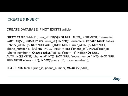 CREATE & INSERT CREATE DATABASE IF NOT EXISTS article; CREATE TABLE `table1` (`user_id`