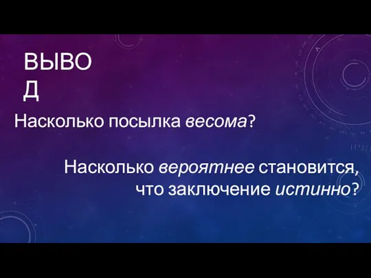 ВЫВОД Насколько посылка весома? Насколько вероятнее становится, что заключение истинно?