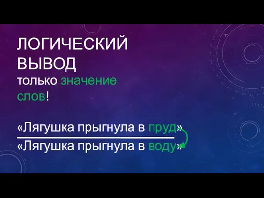 ЛОГИЧЕСКИЙ ВЫВОД «Лягушка прыгнула в пруд» «Лягушка прыгнула в воду» только значение слов!