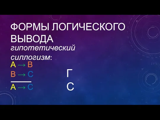 ФОРМЫ ЛОГИЧЕСКОГО ВЫВОДА гипотетический силлогизм: А → В В → С А → С ГС