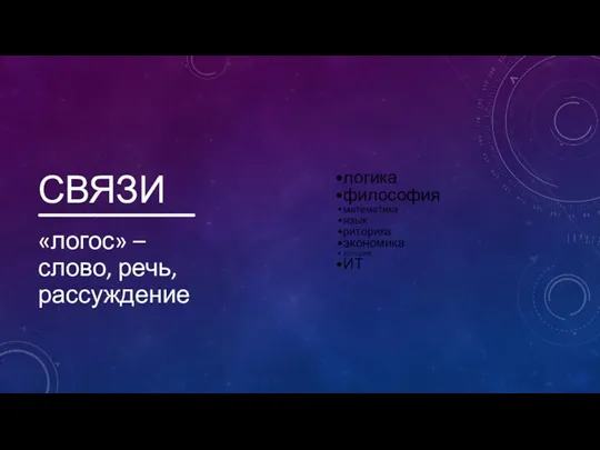 СВЯЗИ «логос» – слово, речь, рассуждение логика философия математика язык риторика экономика история ИТ