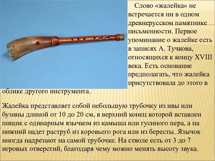 Слово «жалейка» не встречается ни в одном древнерусском памятнике письменности.