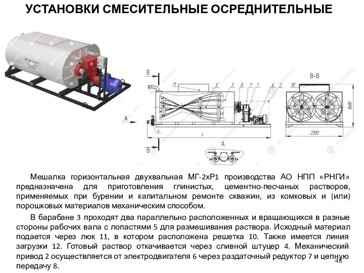 Мешалка горизонтальная двухвальная МГ-2хР1 производства АО НПП «РНГИ» предназначена для приготовления глинистых, цементно-песчаных