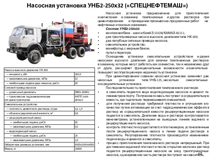 Насосная установка УНБ2-250х32 («СПЕЦНЕФТЕМАШ») Насосная установка предназначена для приготовления и нагнетания в скважину