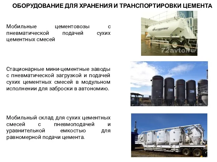 ОБОРУДОВАНИЕ ДЛЯ ХРАНЕНИЯ И ТРАНСПОРТИРОВКИ ЦЕМЕНТА Стационарные мини-цементные заводы с пневматической загрузкой и