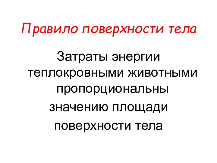 Правило поверхности тела Затраты энергии теплокровными животными пропорциональны значению площади поверхности тела