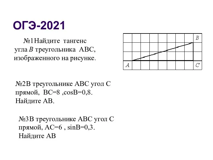 ОГЭ-2021 №1 Найдите тангенс угла В треугольника АВС, изображенного на