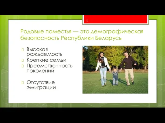 Родовые поместья — это демографическая безопасность Республики Беларусь Высокая рождаемость Крепкие семьи Преемственность поколений Отсутствие эмиграции