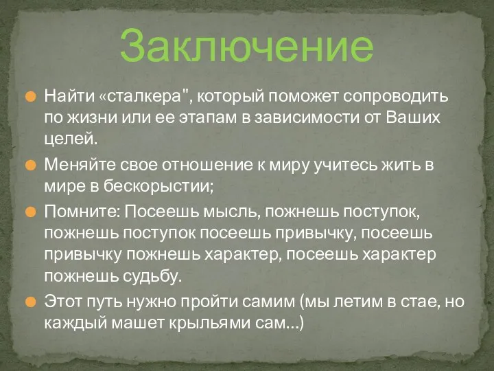 Заключение Найти «сталкера", который поможет сопроводить по жизни или ее