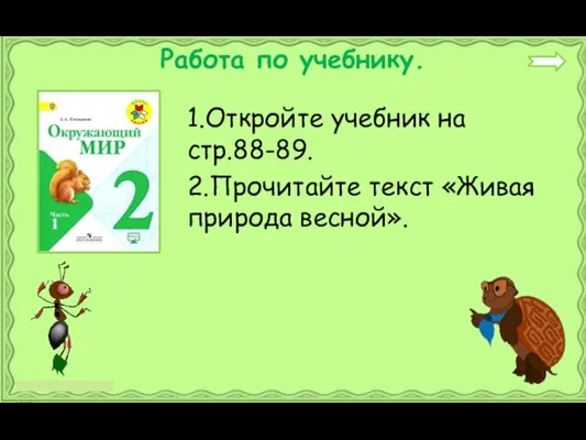 Работа по учебнику. 1.Откройте учебник на стр.88-89. 2.Прочитайте текст «Живая природа весной».