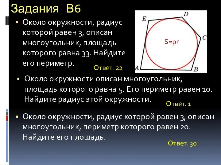 Задания В6 Около окружности, радиус которой равен 3, описан многоугольник,