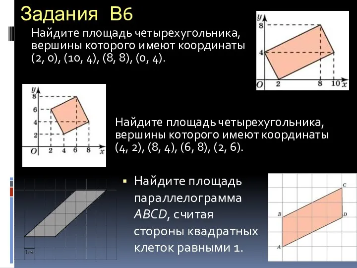 Задания В6 Найдите площадь параллелограмма ABCD, считая стороны квадратных клеток