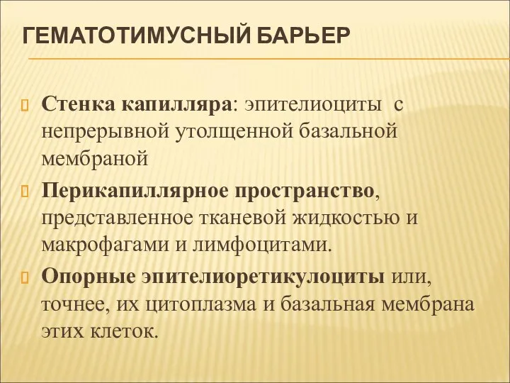 ГЕМАТОТИМУСНЫЙ БАРЬЕР Стенка капилляра: эпителиоциты с непрерывной утолщенной базальной мембраной