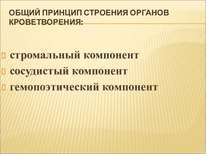 ОБЩИЙ ПРИНЦИП СТРОЕНИЯ ОРГАНОВ КРОВЕТВОРЕНИЯ: стромальный компонент сосудистый компонент гемопоэтический компонент