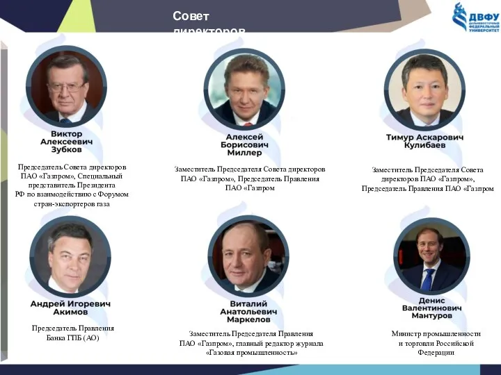 Совет директоров Председатель Совета директоров ПАО «Газпром», Специальный представитель Президента РФ по взаимодействию
