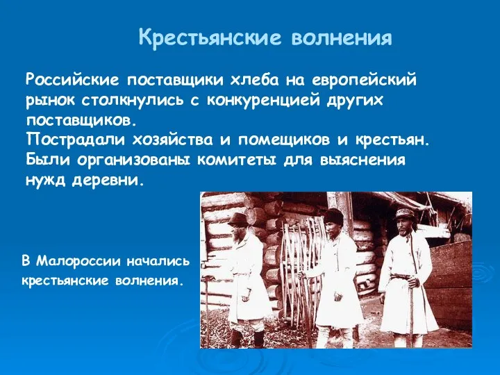 Крестьянские волнения Российские поставщики хлеба на европейский рынок столкнулись с