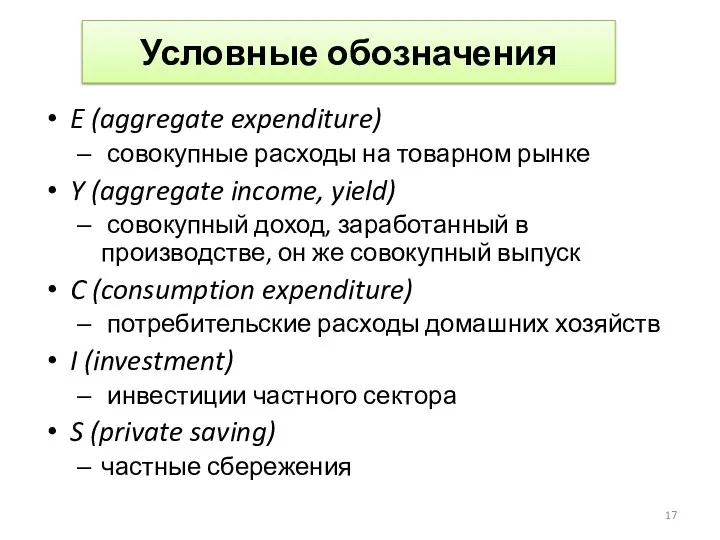 Условные обозначения E (aggregate expenditure) совокупные расходы на товарном рынке