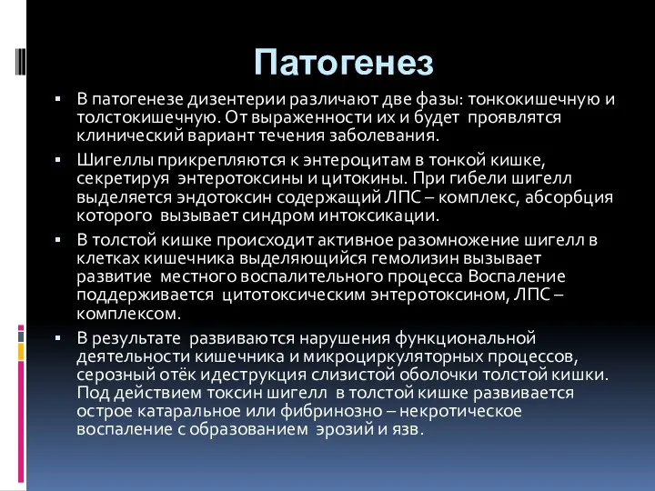 Патогенез В патогенезе дизентерии различают две фазы: тонкокишечную и толстокишечную.