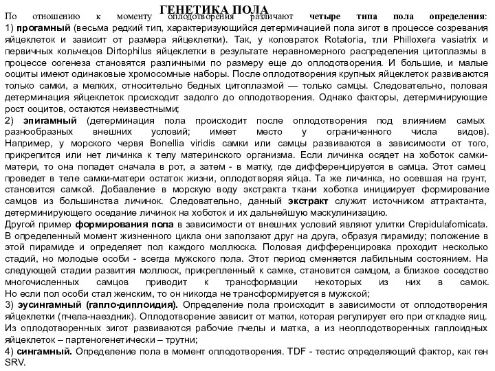 ГЕНЕТИКА ПОЛА По отношению к моменту оплодотворения различают четыре типа