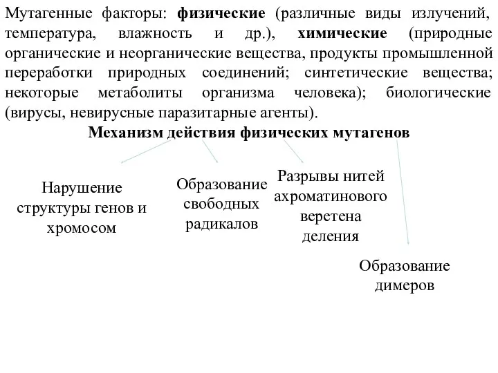 Мутагенные факторы: физические (различные виды излучений, температура, влажность и др.),