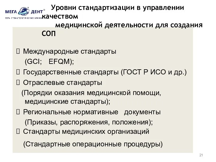 Уровни стандартизации в управлении качеством медицинской деятельности для создания СОП