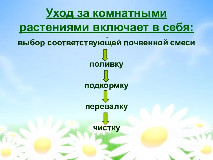 Уход за комнатными растениями включает в себя: выбор соответствующей почвенной смеси поливку подкормку перевалку чистку