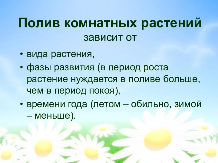 Полив комнатных растений зависит от вида растения, фазы развития (в период роста растение