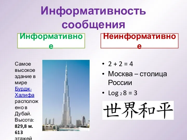 Информативность сообщения 2 + 2 = 4 Москва – столица