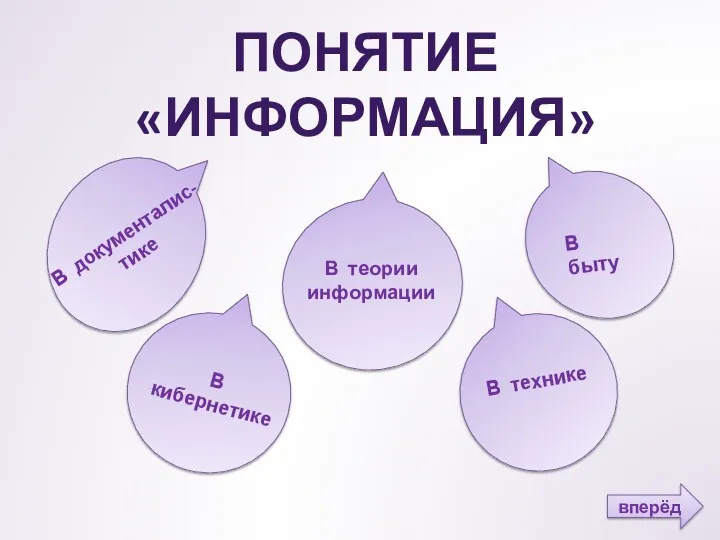 ПОНЯТИЕ «ИНФОРМАЦИЯ» В быту В теории информации В документалис- тике В кибернетике В технике вперёд