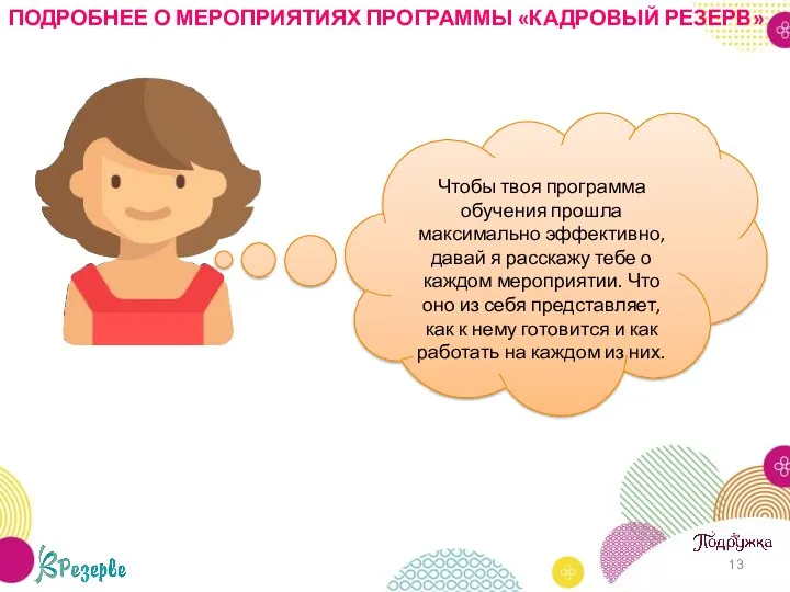 ПОДРОБНЕЕ О МЕРОПРИЯТИЯХ ПРОГРАММЫ «КАДРОВЫЙ РЕЗЕРВ» Чтобы твоя программа обучения прошла максимально эффективно,