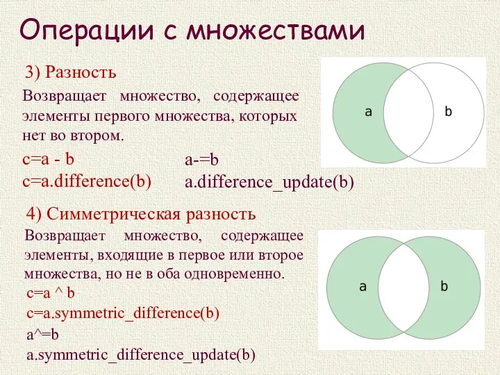 Операции с множествами с=a - b c=a.difference(b) 3) Разность Возвращает