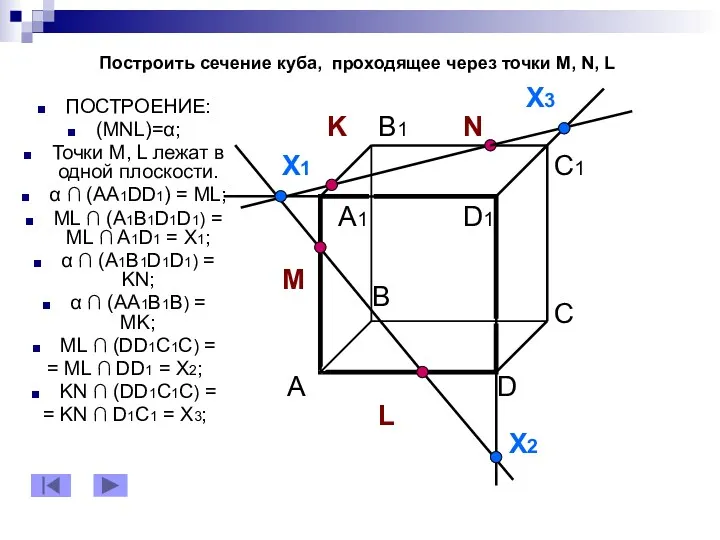 Построить сечение куба, проходящее через точки М, N, L ПОСТРОЕНИЕ: