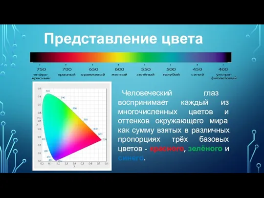 Представление цвета Человеческий глаз воспринимает каждый из многочисленных цветов и