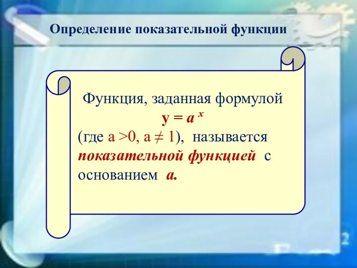 Определение показательной функции Функция, заданная формулой у = а х