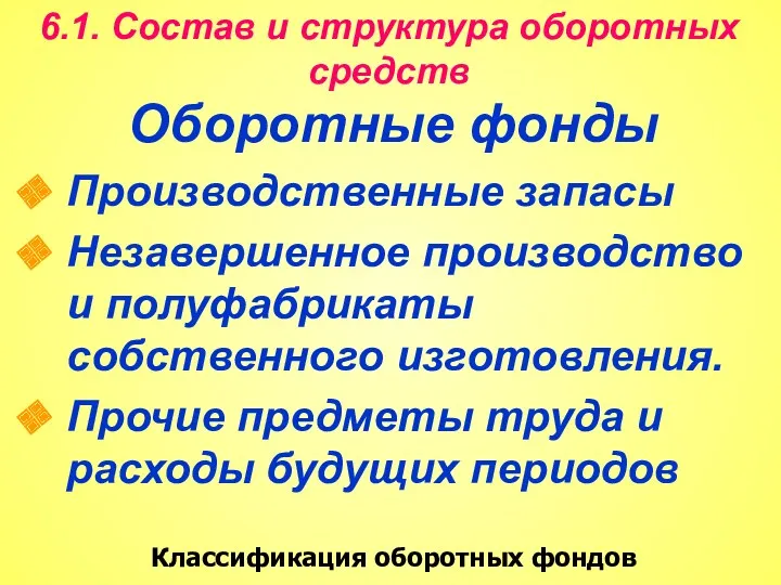 6.1. Состав и структура оборотных средств Оборотные фонды Производственные запасы