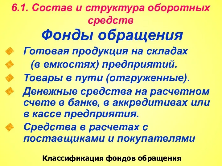 6.1. Состав и структура оборотных средств Фонды обращения Готовая продукция