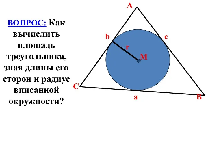 A b c r M C a B ВОПРОС: Как вычислить площадь треугольника,