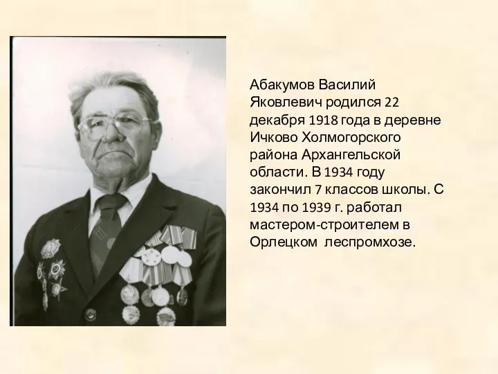 Абакумов Василий Яковлевич родился 22 декабря 1918 года в деревне