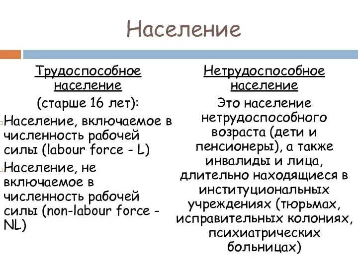 Население Трудоспособное население (старше 16 лет): Население, включаемое в численность