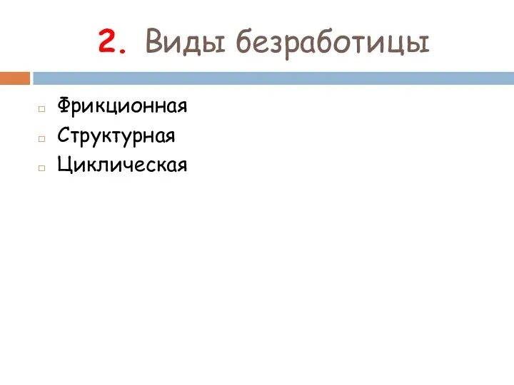 2. Виды безработицы Фрикционная Структурная Циклическая